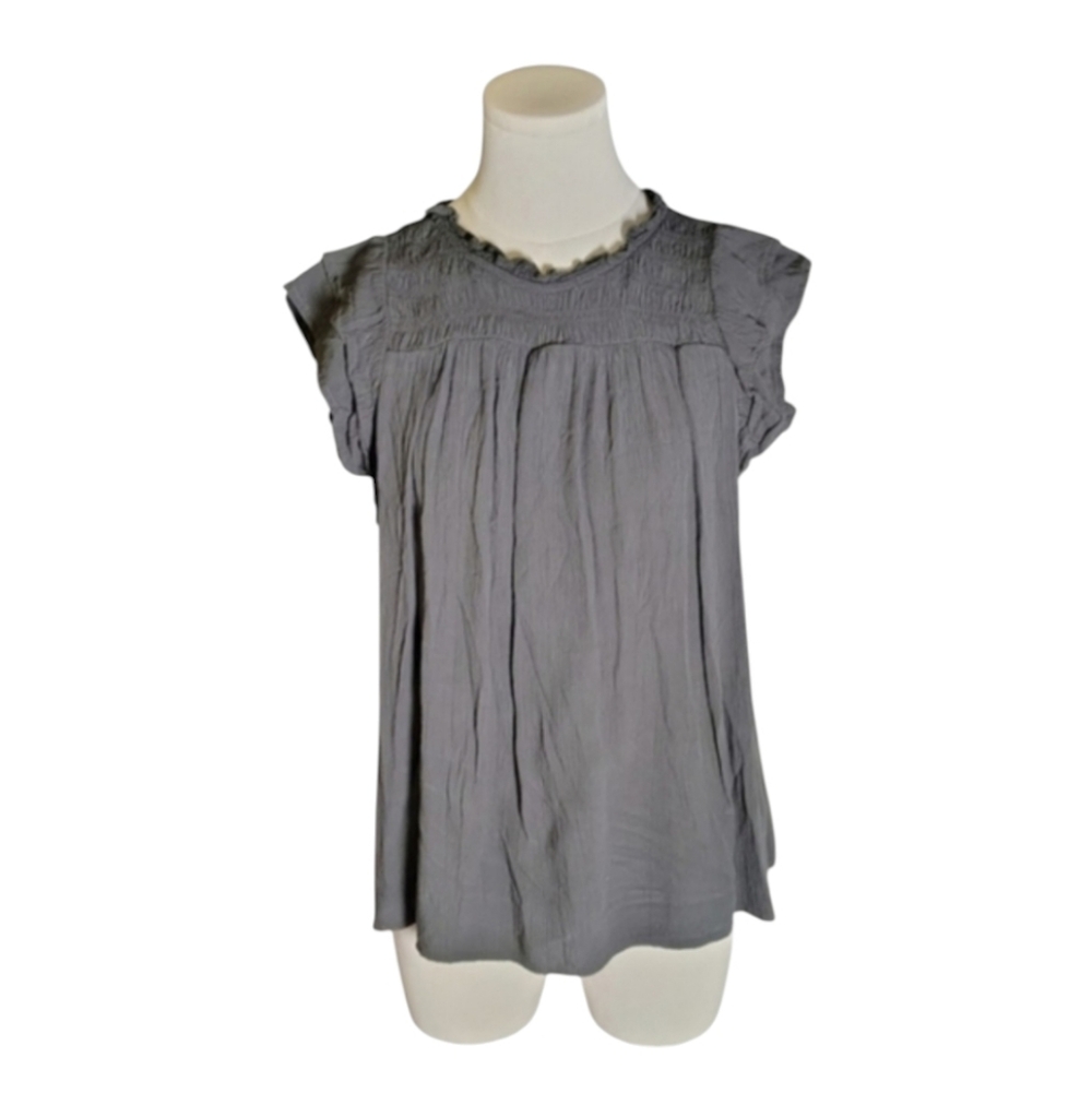Vintage Old Navy Steel Gray Keyhole Lightweight Ruffle Crepe Blouse Size Large